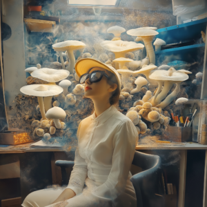 A woman sitting in front of mushroom spores deals.